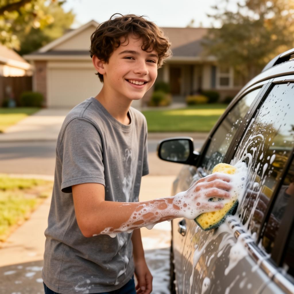 One of our young Ecospark crew members hand-washing a car in a driveway